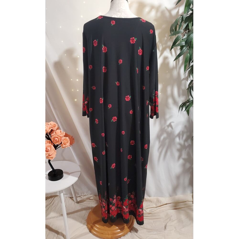 Ulla Popken Floral Rose Scoop Neck 3/4 Sleeve Maxi Dress Size 28/30 Black Red - Picture 3 of 10